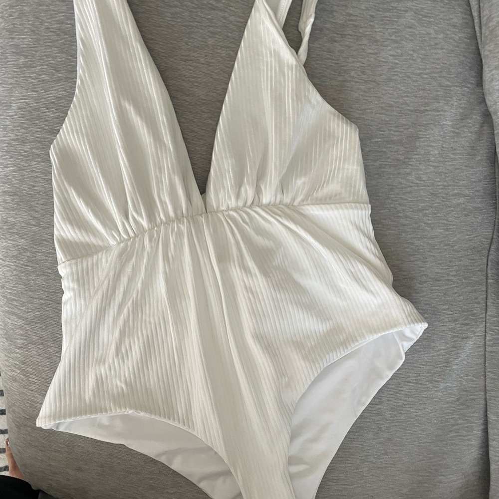 Tori Praver White Ribbed One Piece Swimsuit